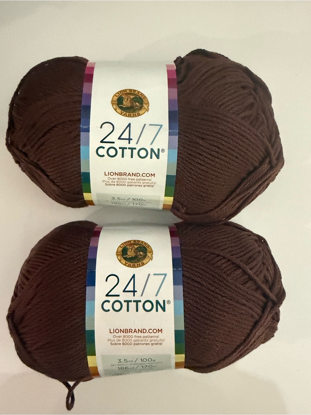 Lion Brand Yarn 24/7 Cotton- 2 Skeins Coffee Beans - Deep Brown